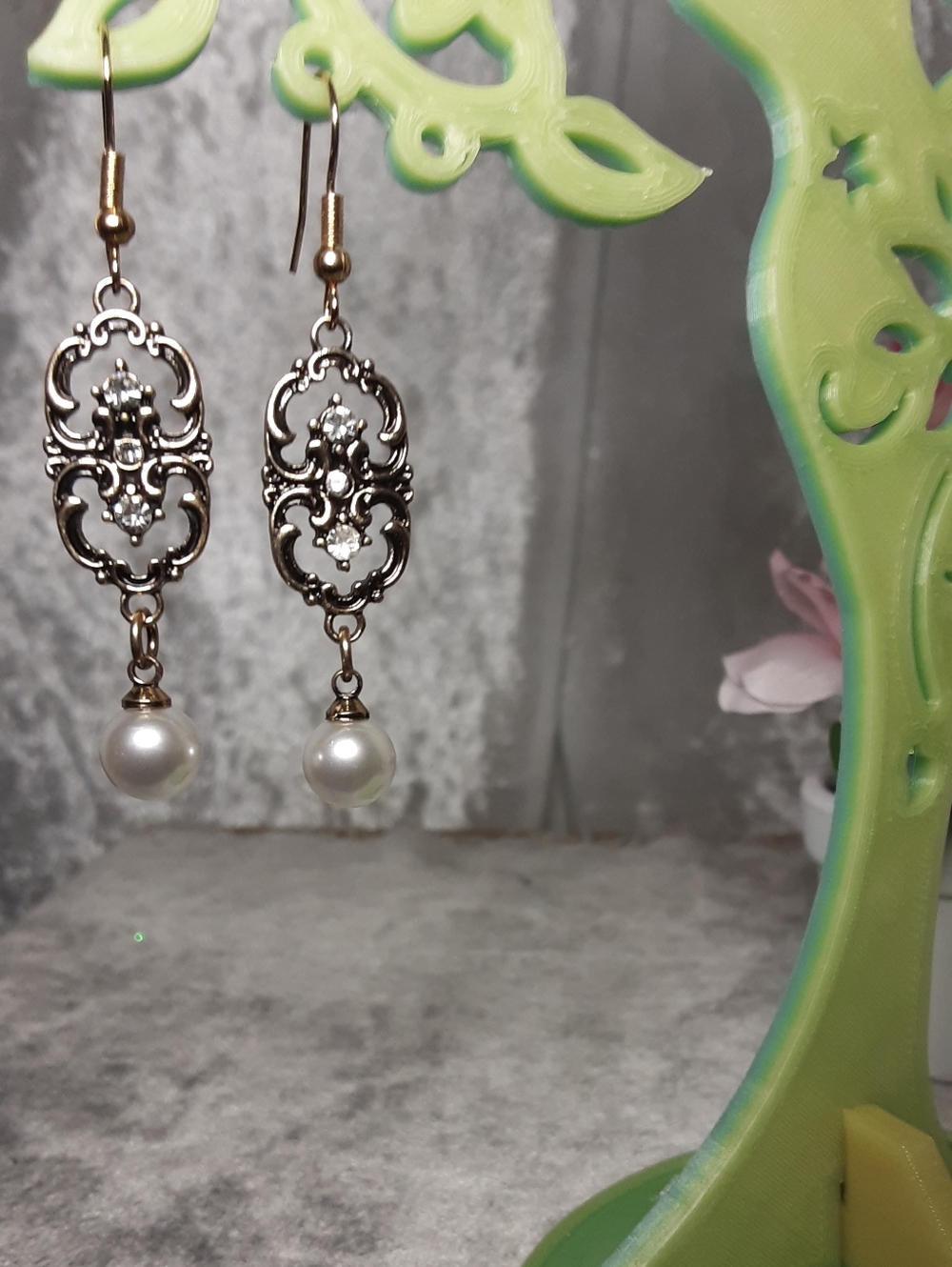 Handmade Goldtone  Filigree Drop Earrings with Crystals And Pearl Accent